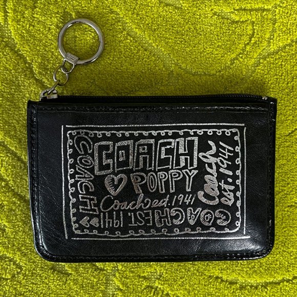 Black Leather COACH Poppy Zipped Wallet Key Ring Card Holder Silver Design EUC - Picture 6 of 6